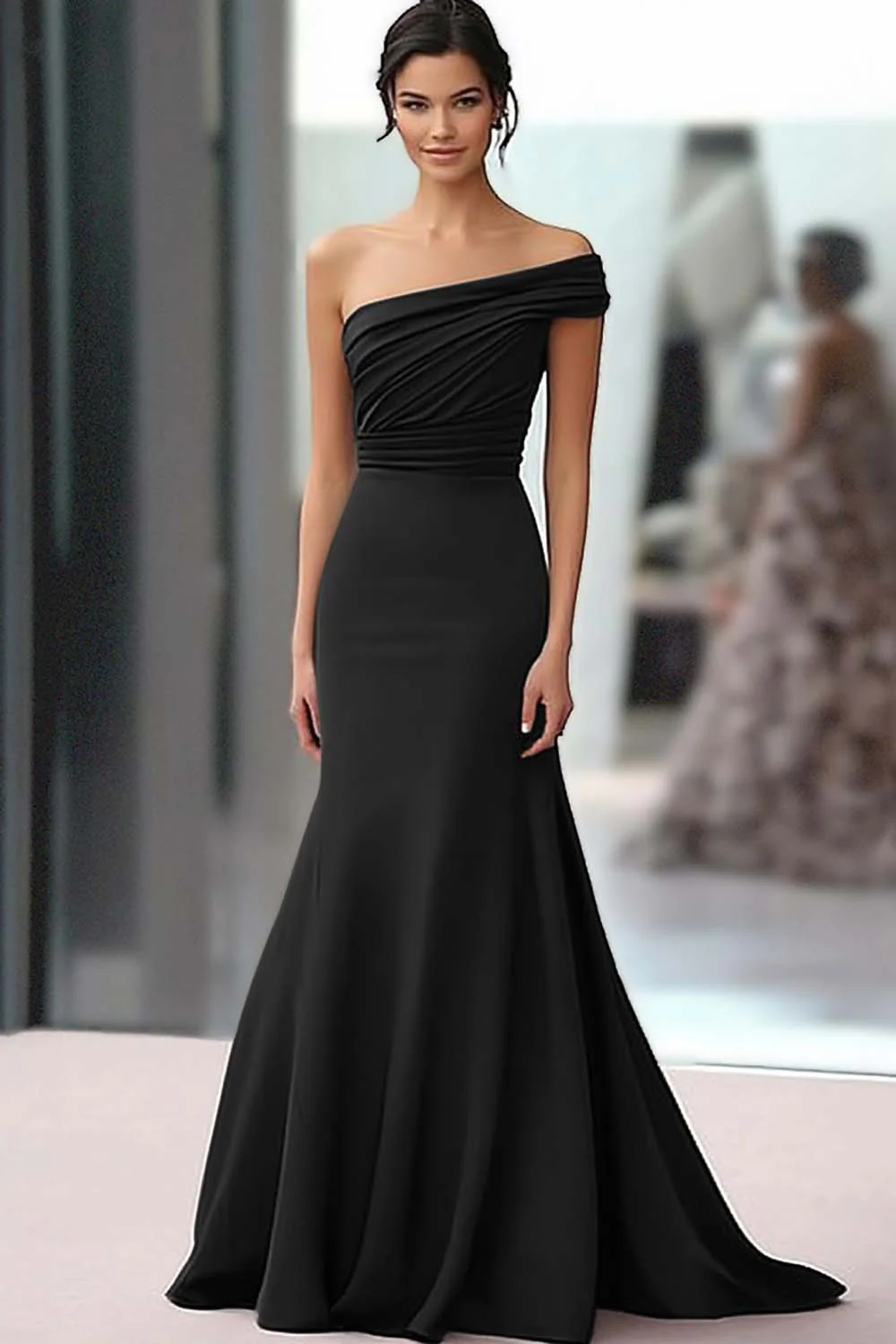 Coffee One Shoulder Crepe Mermaid Long Ruched Gala Dress - VNBITS