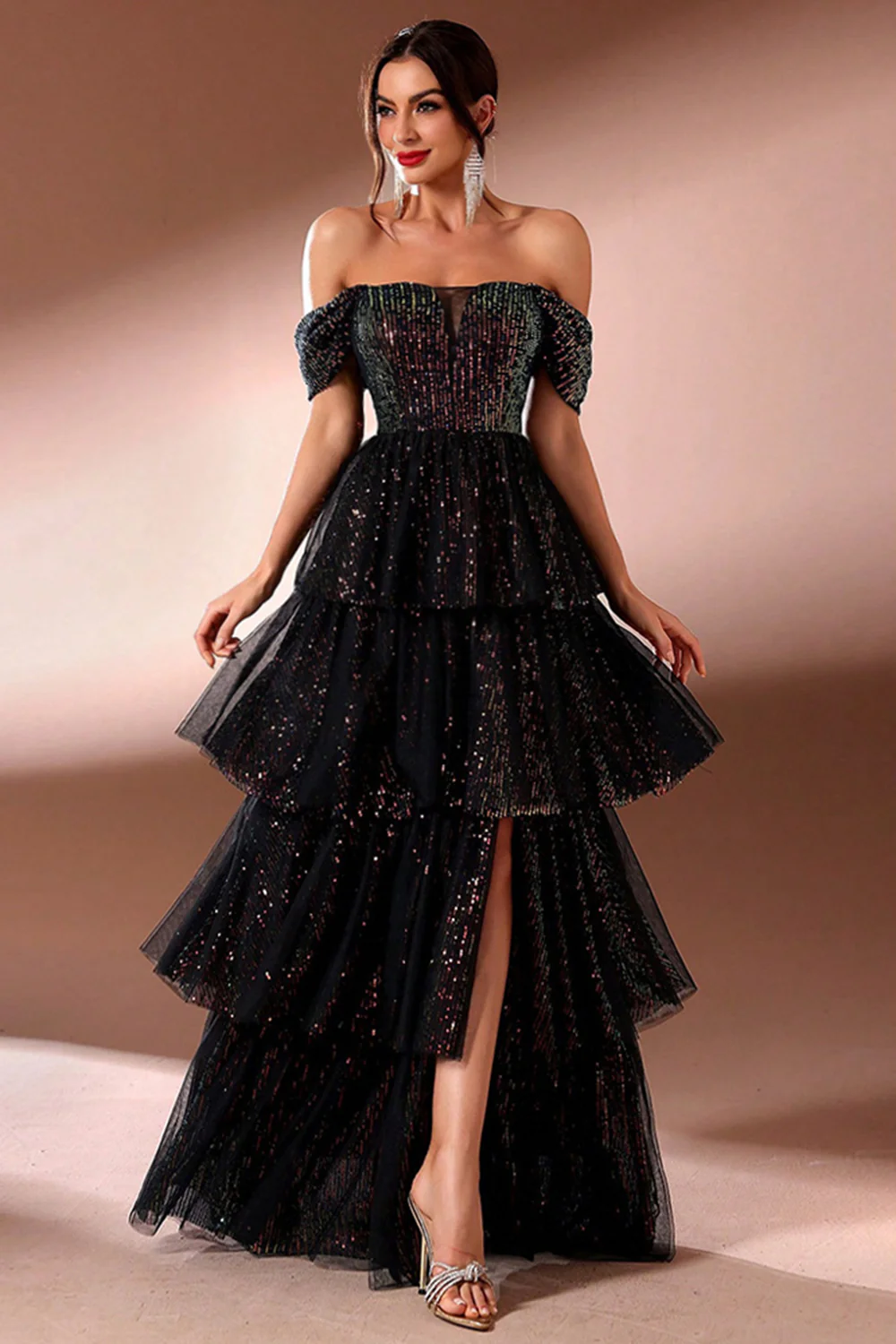 Sparkly Black A Line Tiered Off The Shoulder Long Prom Dress with Slit - VNBITS