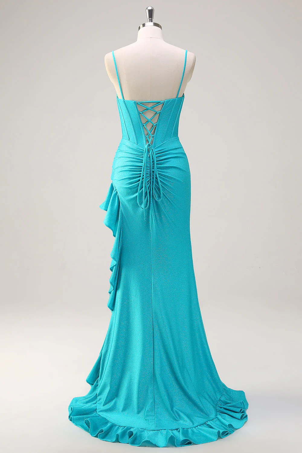 Blue Spaghetti Straps Mermaid Beaded Long Corset Prom Dress with Ruffle Slit - VNBITS