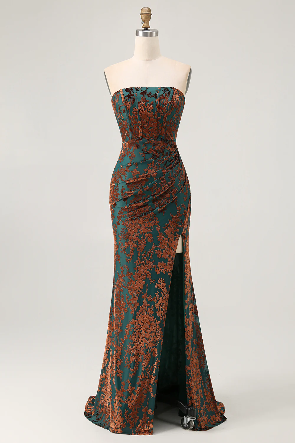Peacock Green Velvet Mermaid Corset Long Wedding Guest Dress with Slit - VNBITS