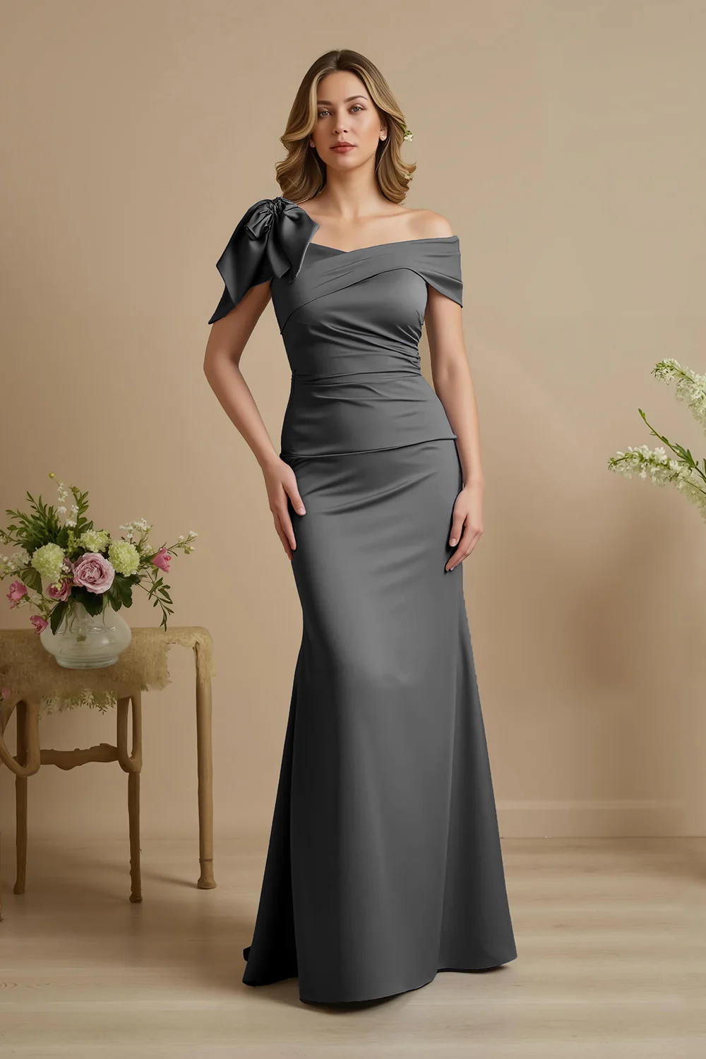 Dusty Blue Satin Mermaid Ruched Long Mother of the Bride Dress with Bow - VNBITS