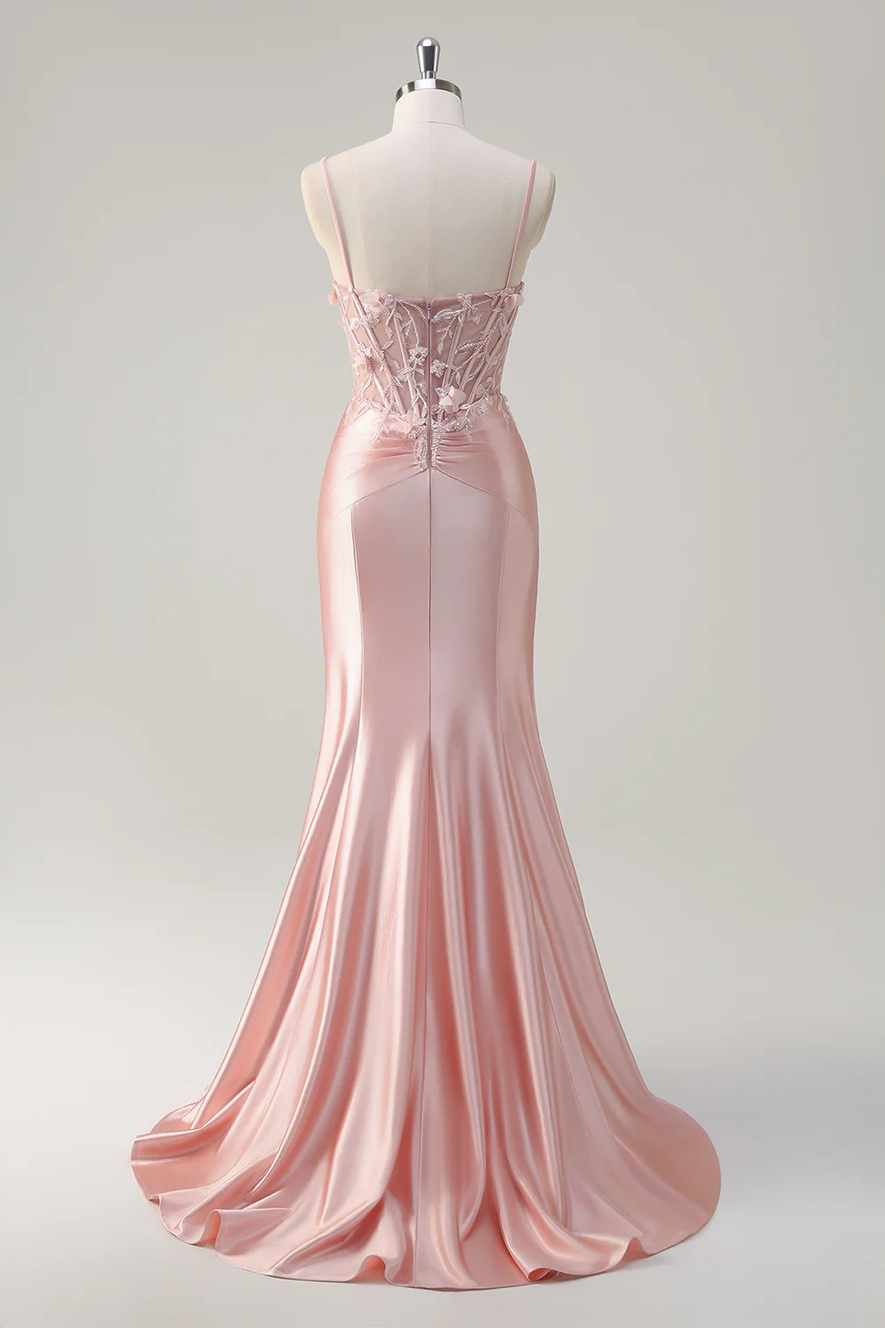 Pink Floral Mermaid Spaghetti Straps Beaded Long Prom Dress - VNBITS