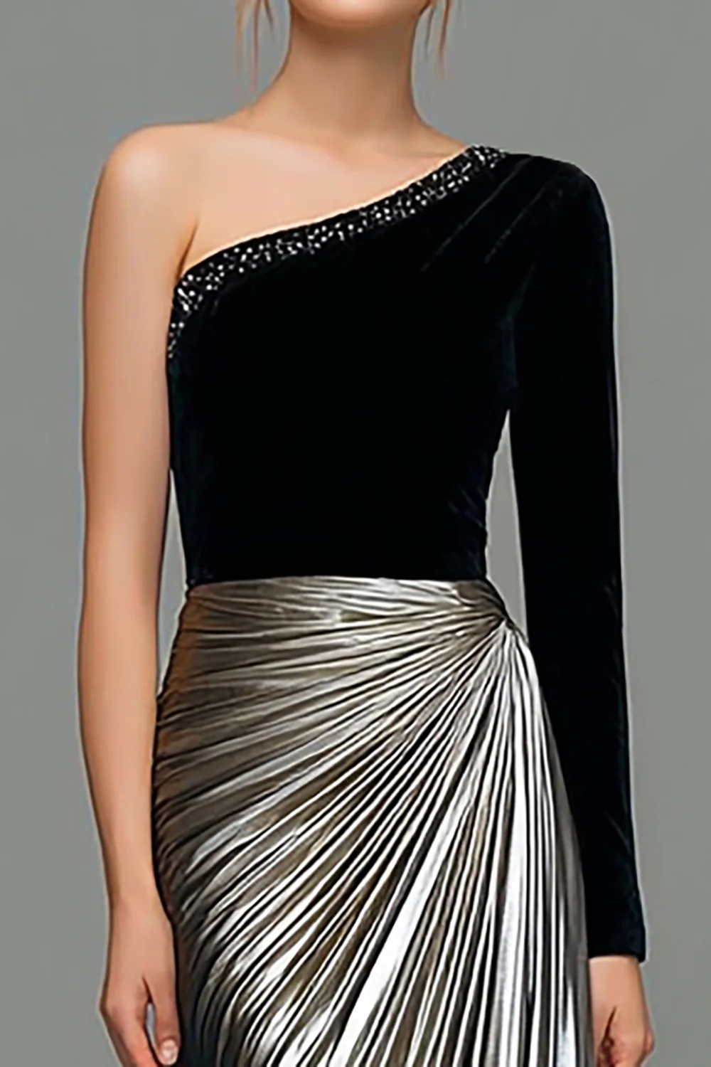 Sparkly Black and Grey Metallic One Shoulder Long Holiday Party Dress - VNBITS