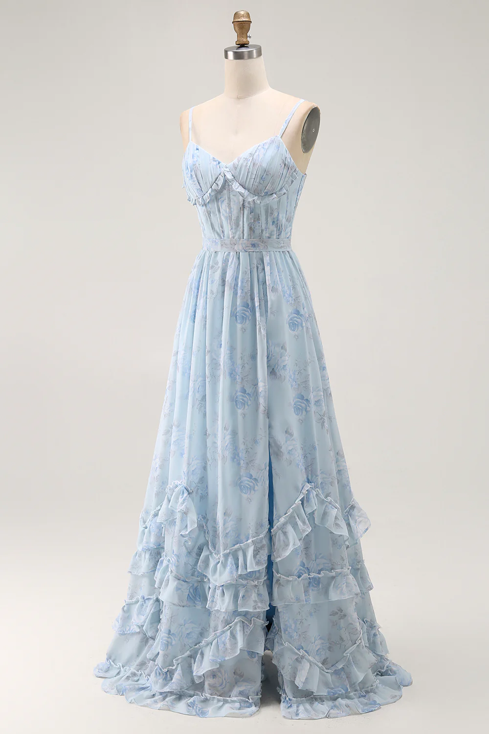 Blue A Line Floral Ruffled Long Bridesmaid Dress with Slit - VNBITS