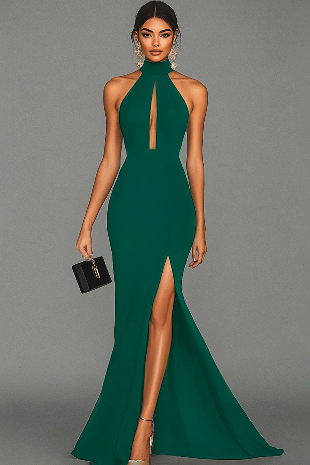 Black Mermaid Halter Neck Satin Long Formal Dress - VNBITS