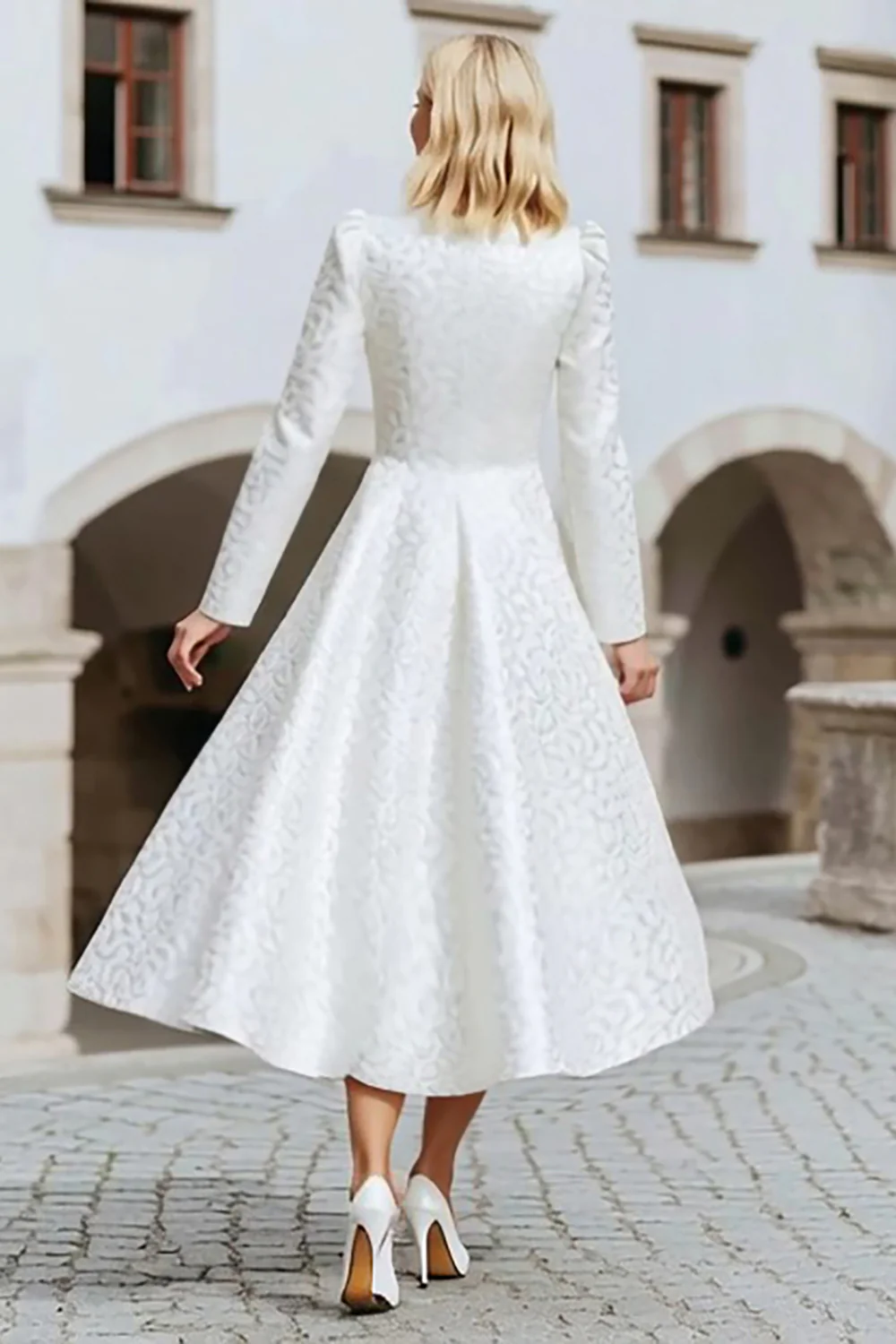 Ivory A Line Round Neck High-Low Wedding Dress with Sleeves - VNBITS