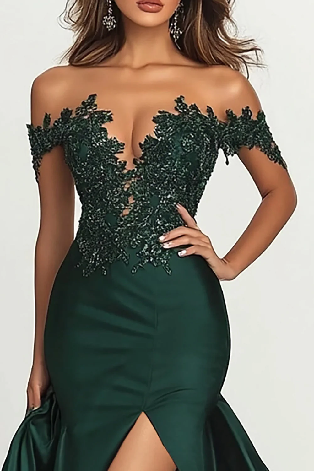 Dark Green Mermaid Satin Off The Shoulder Long Prom Dress with Slit - VNBITS