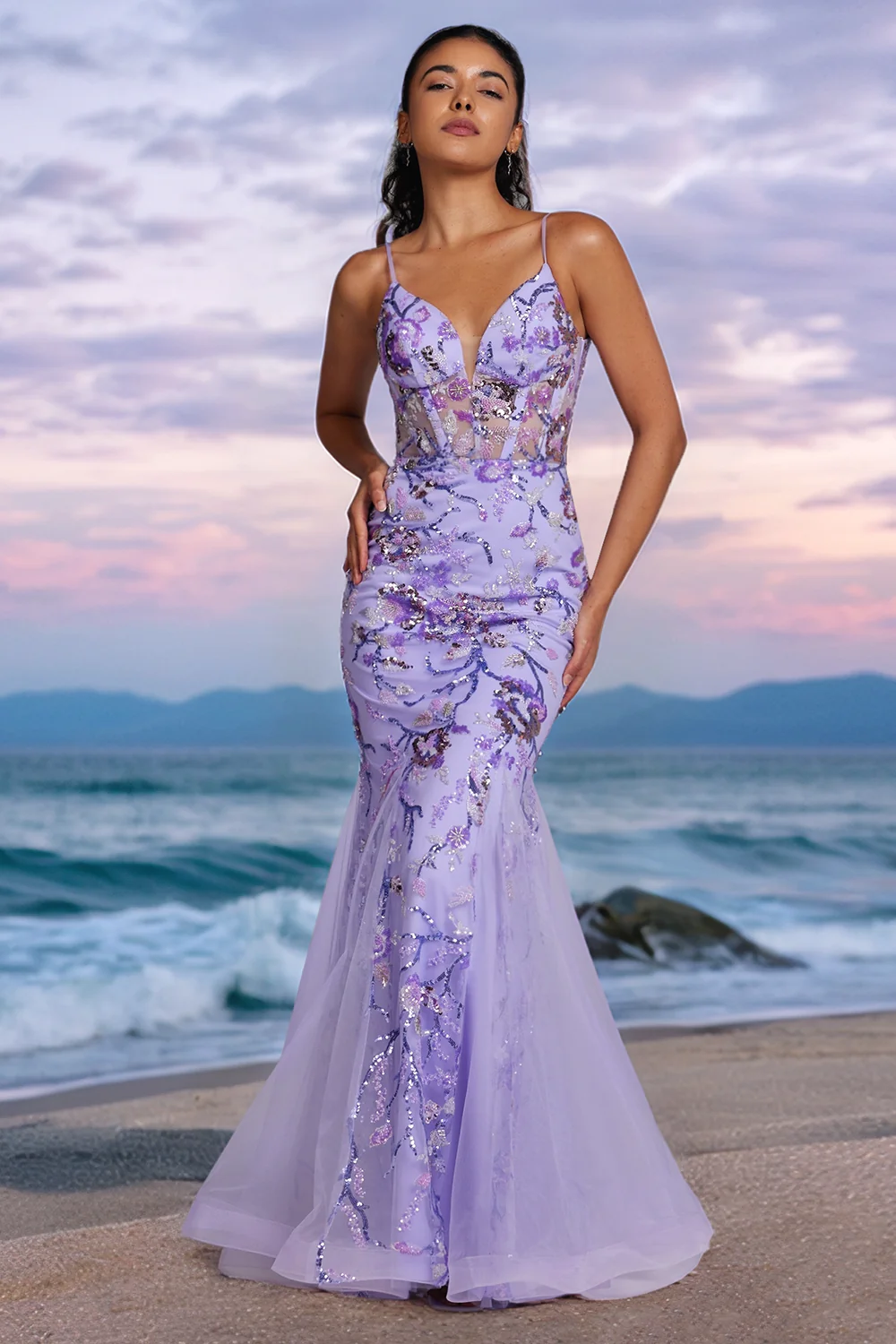 Sparkly Purple Mermaid Beaded Corset Long Prom Dress - VNBITS