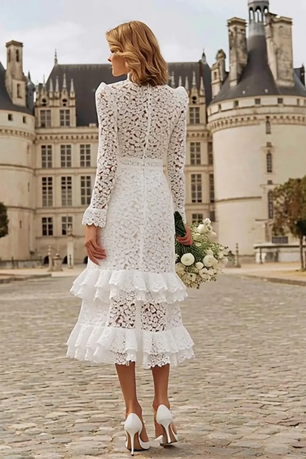 Ivory High Neck Ruffled Lace Midi Engagement Dress with Sleeves - VNBITS