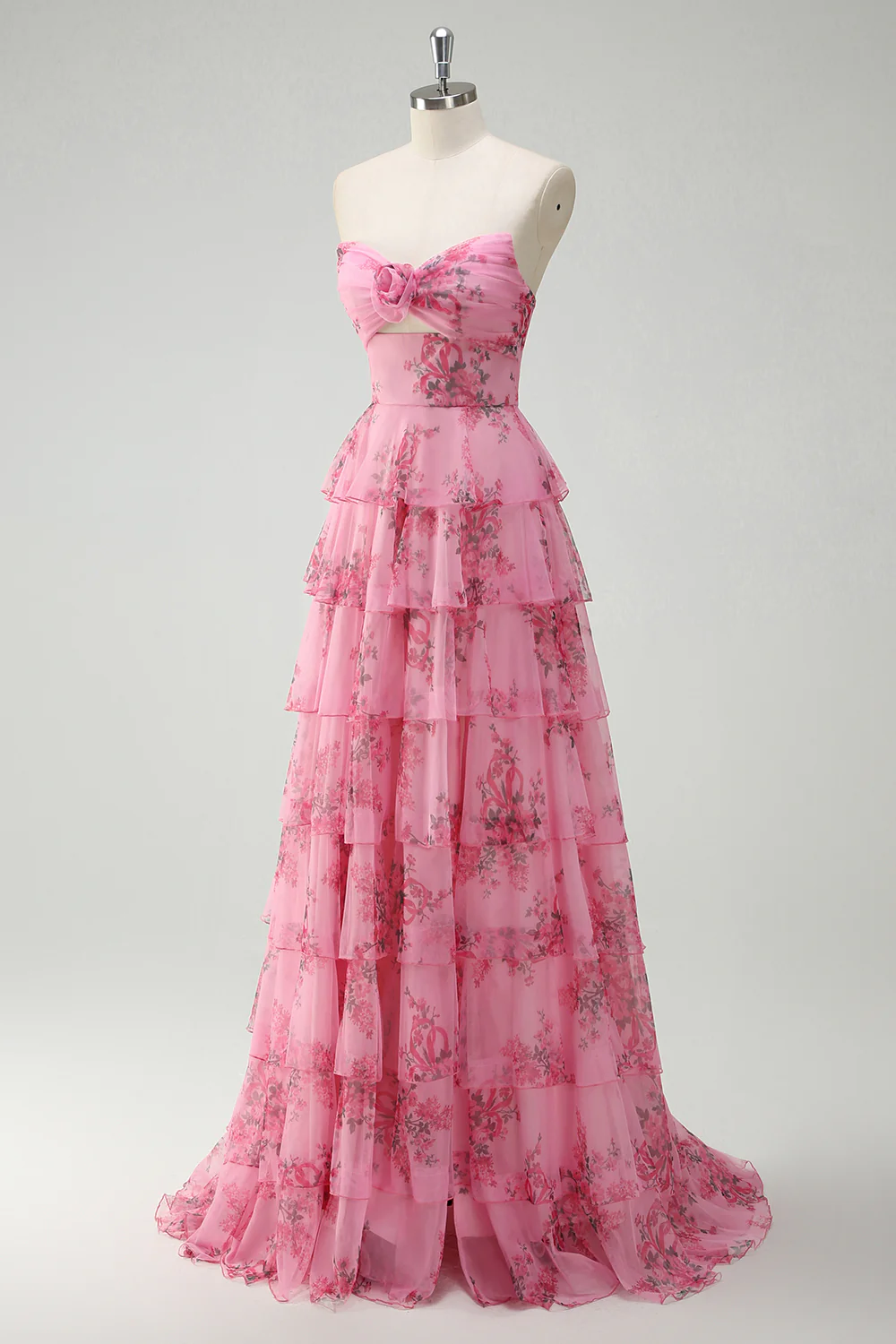 Blush Floral Chiffon A Line Prom Dress with Slit - VNBITS