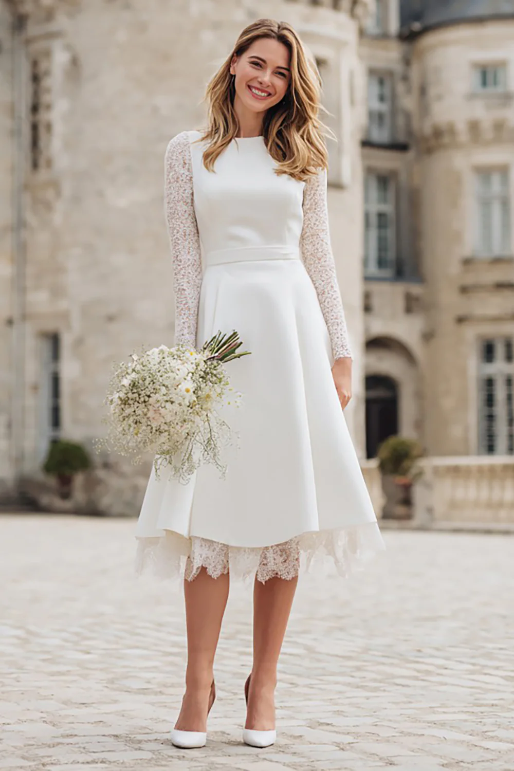 Ivory A Line Backless Midi Engagement Dress with Lace - VNBITS