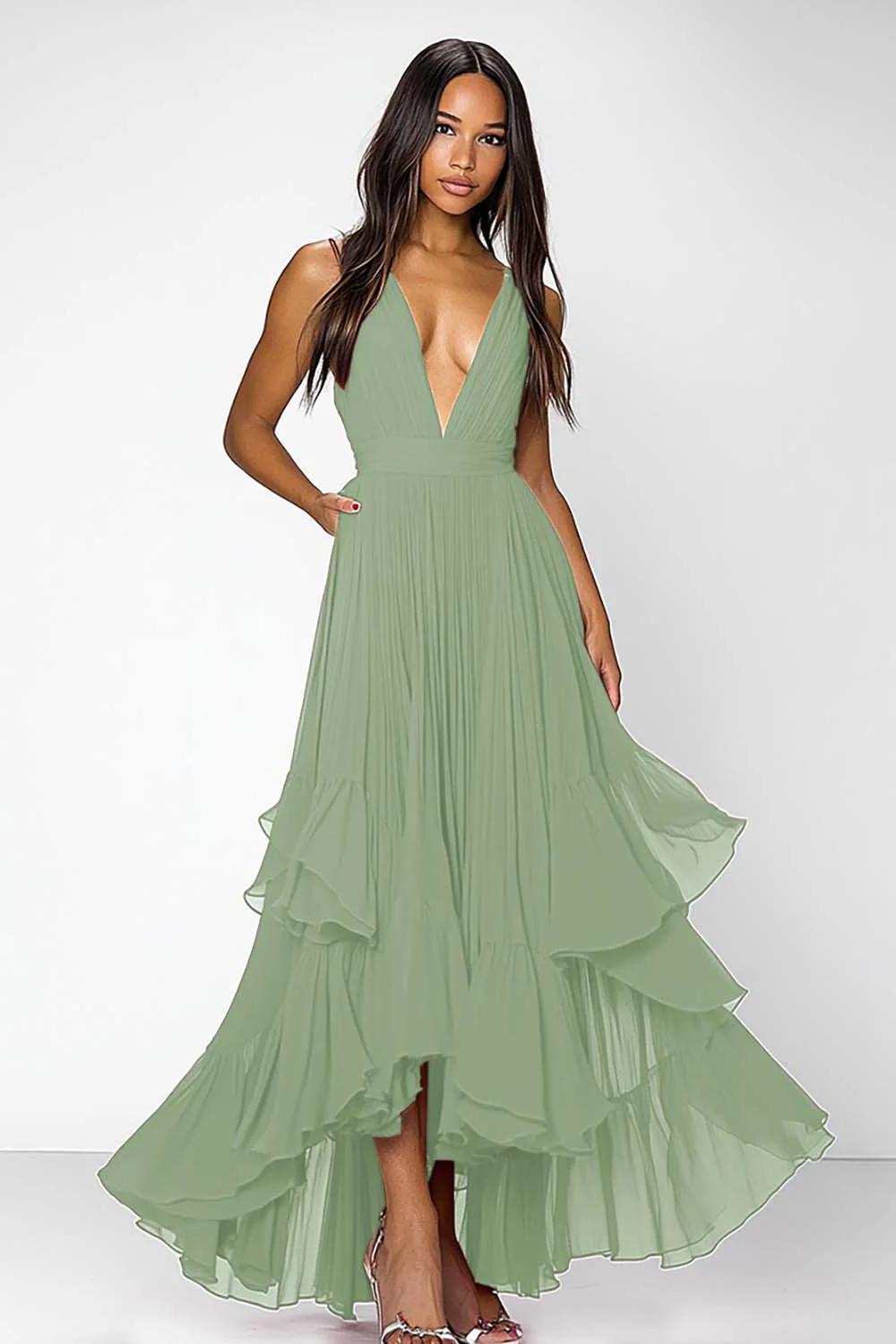 Dusty Blue A Line Deep V-Neck Long Formal Dress with Ruffles - VNBITS