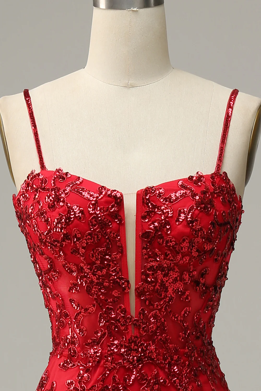 Red Spaghetti Straps Appliques Prom Dress with Slit - VNBITS