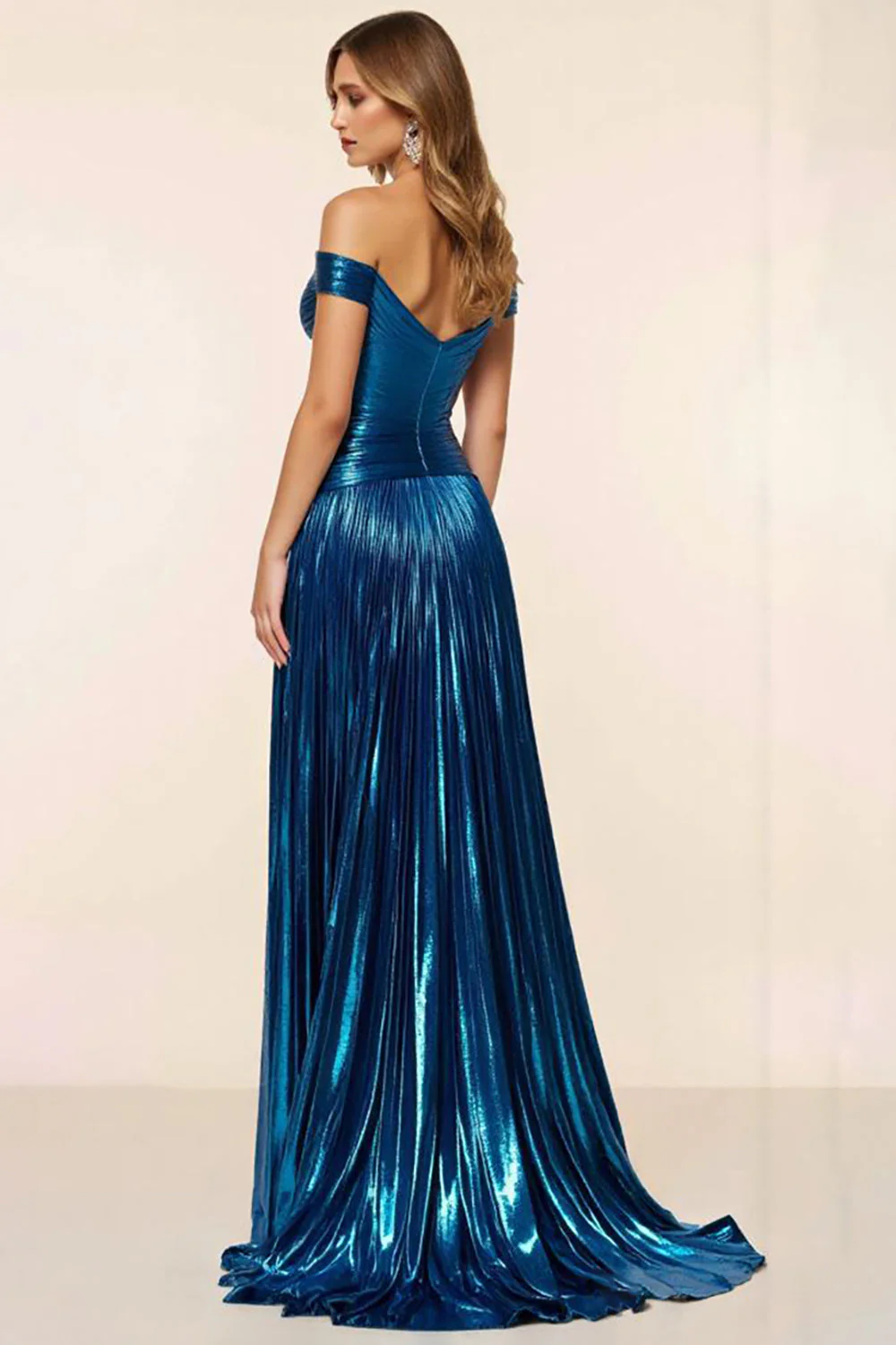 Peacock Blue A Line Satin Glitter Off the Shoulder Long Prom Dress - VNBITS