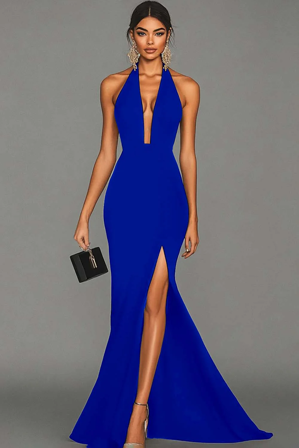 Black Mermaid Halter Neck Long Satin Formal Dress with Slit - VNBITS