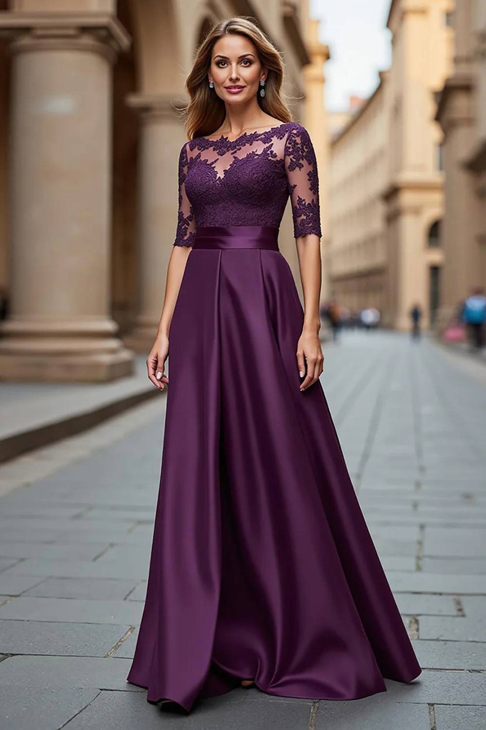 Grape Satin Illusion Boat Neck Long Mother of the Bride Dress with Lace - VNBITS