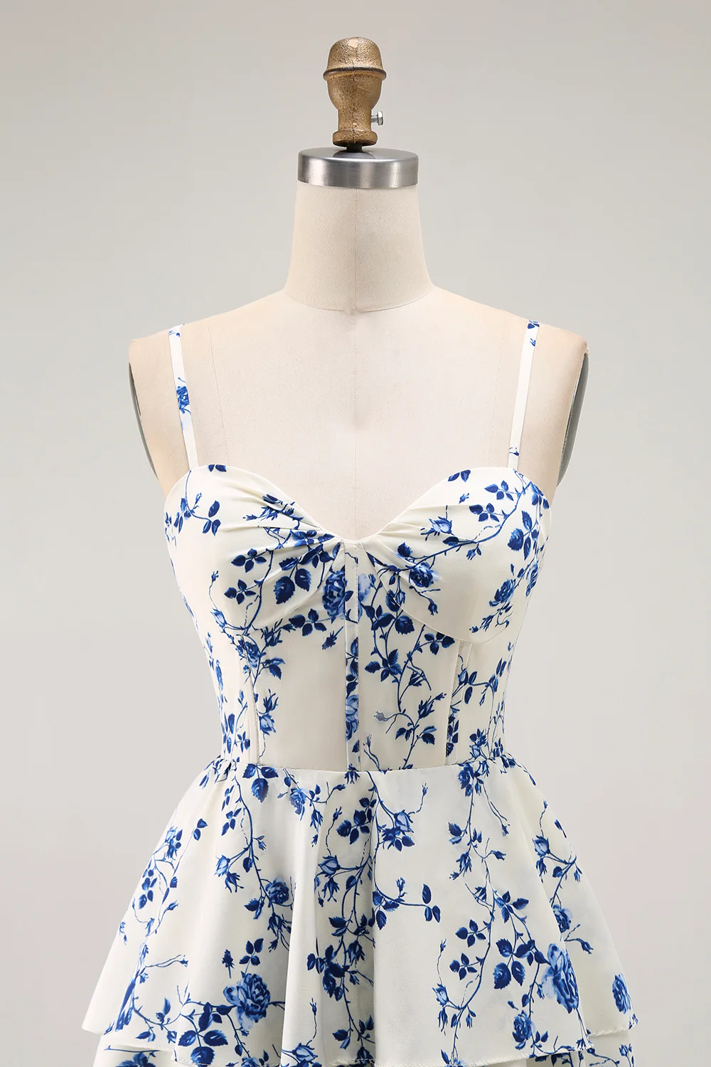 Blue Floral Tiered A Line Ruffled Long Prom Dress with Slit - VNBITS