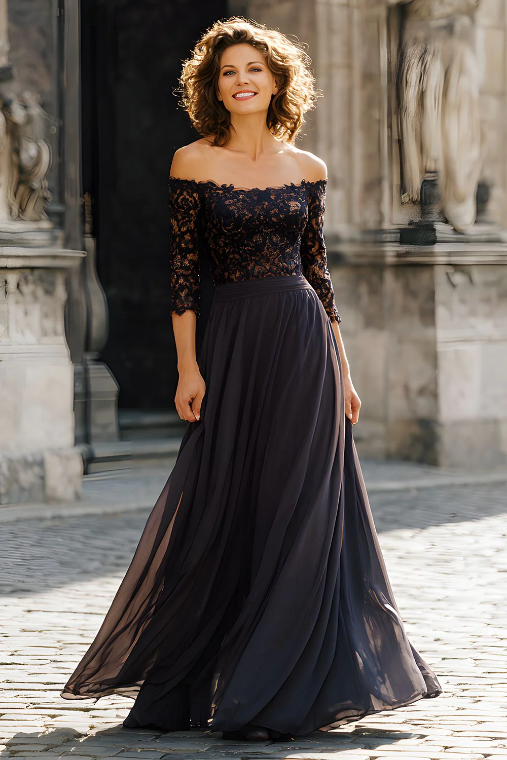 Black Off the Shoulder Chiffon Long Mother of the Bride Dress with Lace - VNBITS