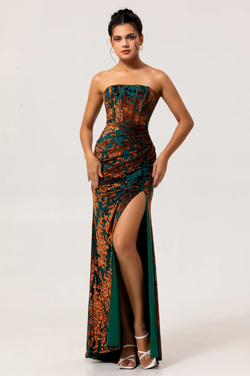 Peacock Green Velvet Mermaid Corset Long Wedding Guest Dress with Slit - VNBITS