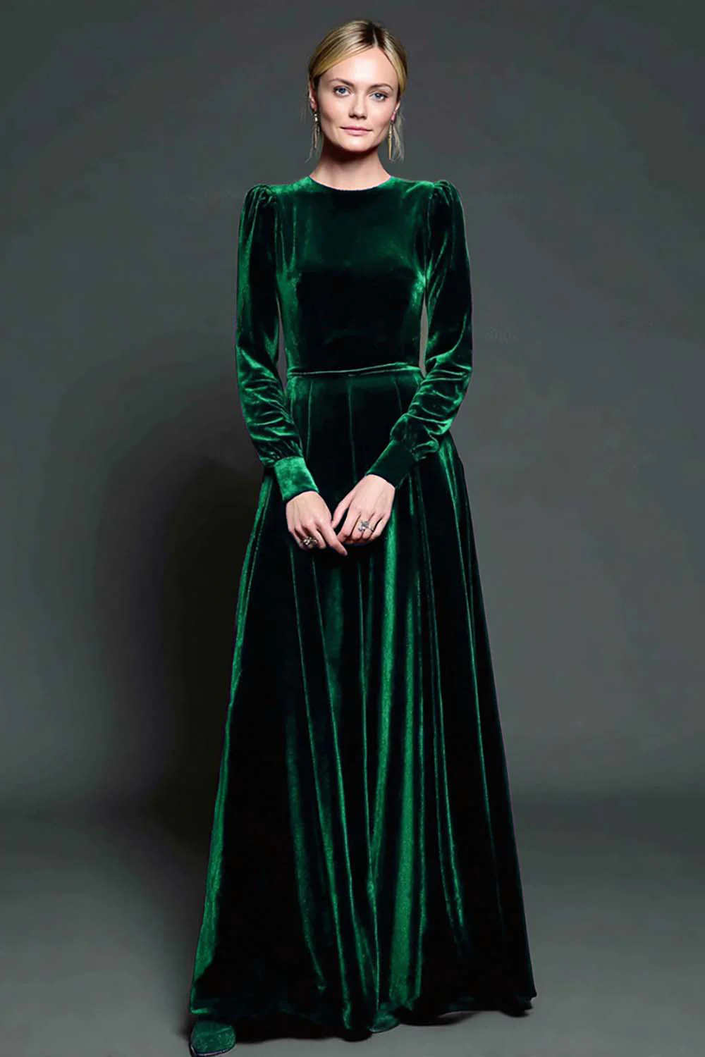 Simple Dark Purple Velvet A Line Long Holiday Party Dress with Sleeves - VNBITS
