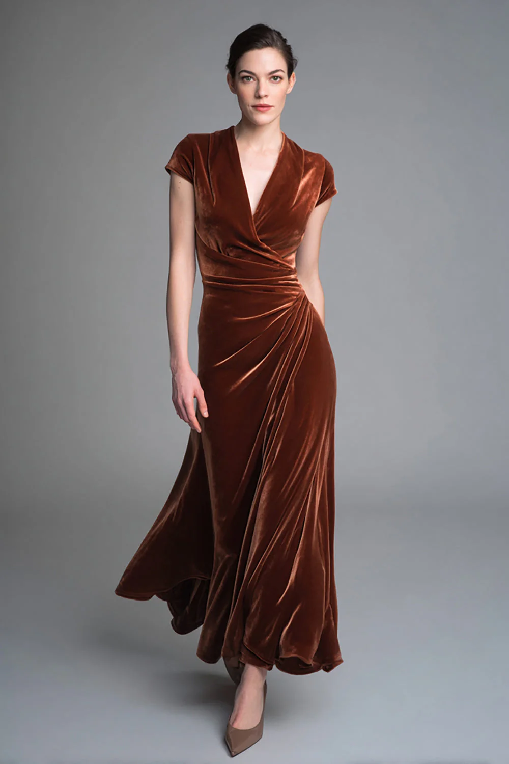 Caramel Velvet Ruched V Neck Long Holiday Party Dress with Sleeves - VNBITS