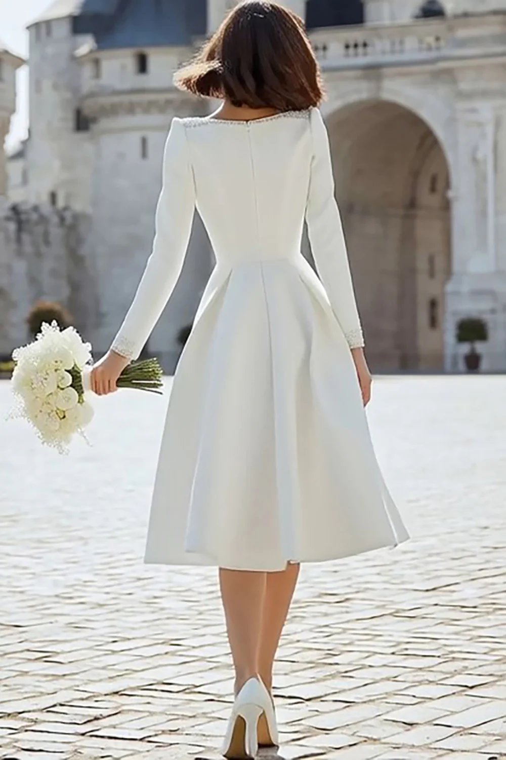 Sparkly Ivory A Line V-Neck Midi Engagement Dress with Sleeves - VNBITS