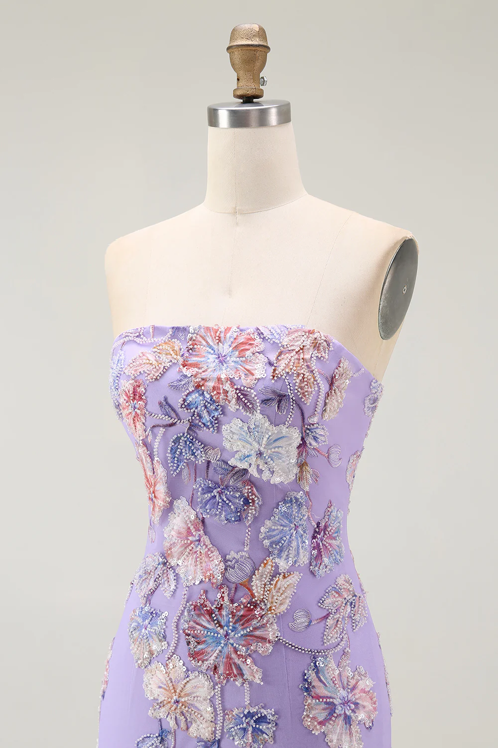 Sparkly Purple Strapless Floral Long Prom Dress with Beading - VNBITS