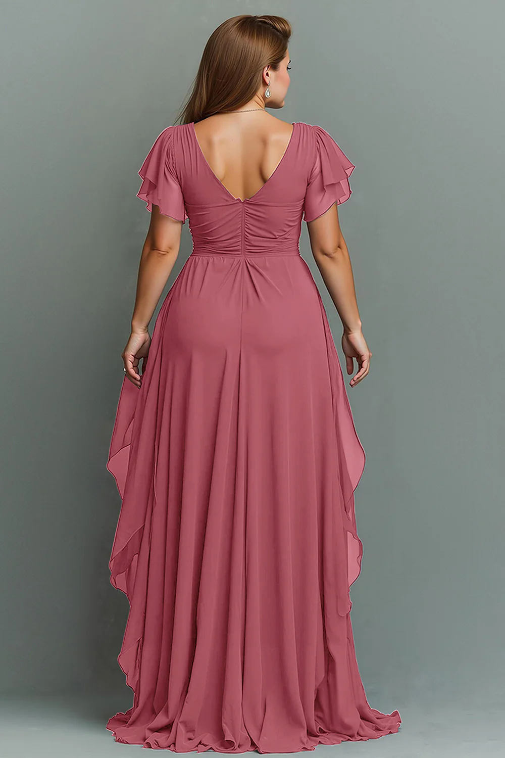 Navy Chiffon V-Neck Ruched Long  with Ruffles - VNBITS