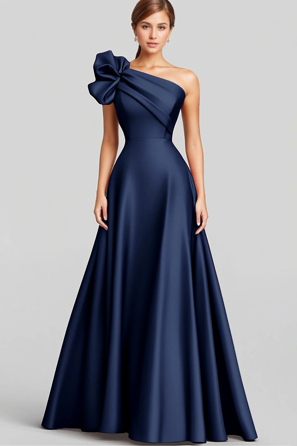 Navy A-Line Ruffled One Shoulder Satin Long Formal Dress - VNBITS