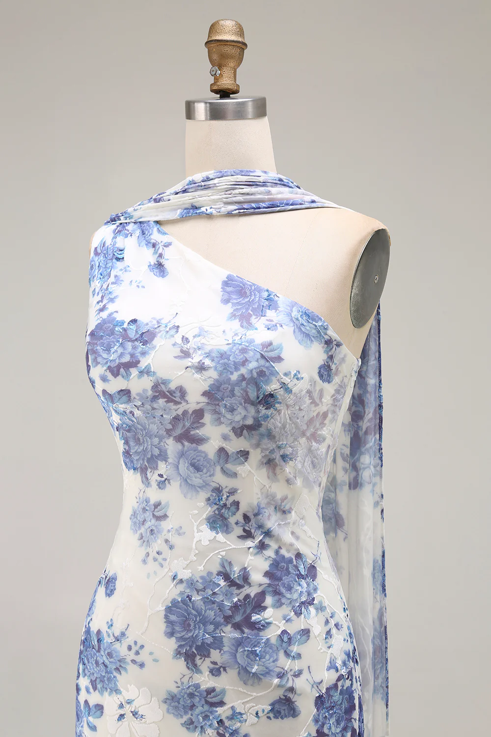 Blue Floral Neck Scarf Sheath Long Bridesmaid Dress - VNBITS