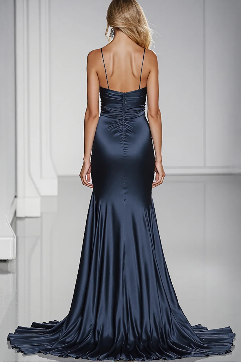Dark Blue Satin Spaghetti Straps Long Formal Dress with Slit - VNBITS