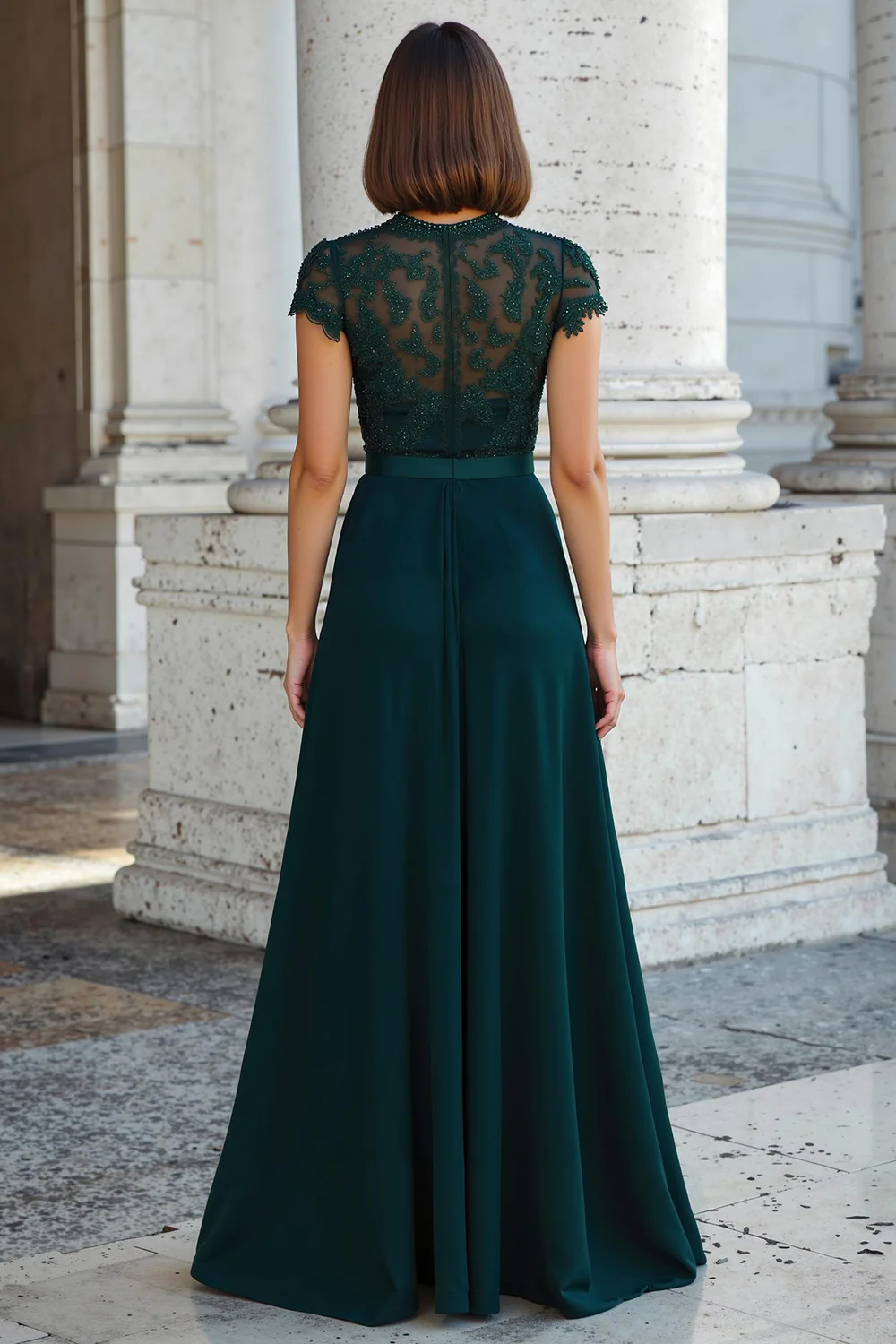 Peacock Green Round Neck Chiffon A-Line Long Mother of the Bride Dress with Beading - VNBITS