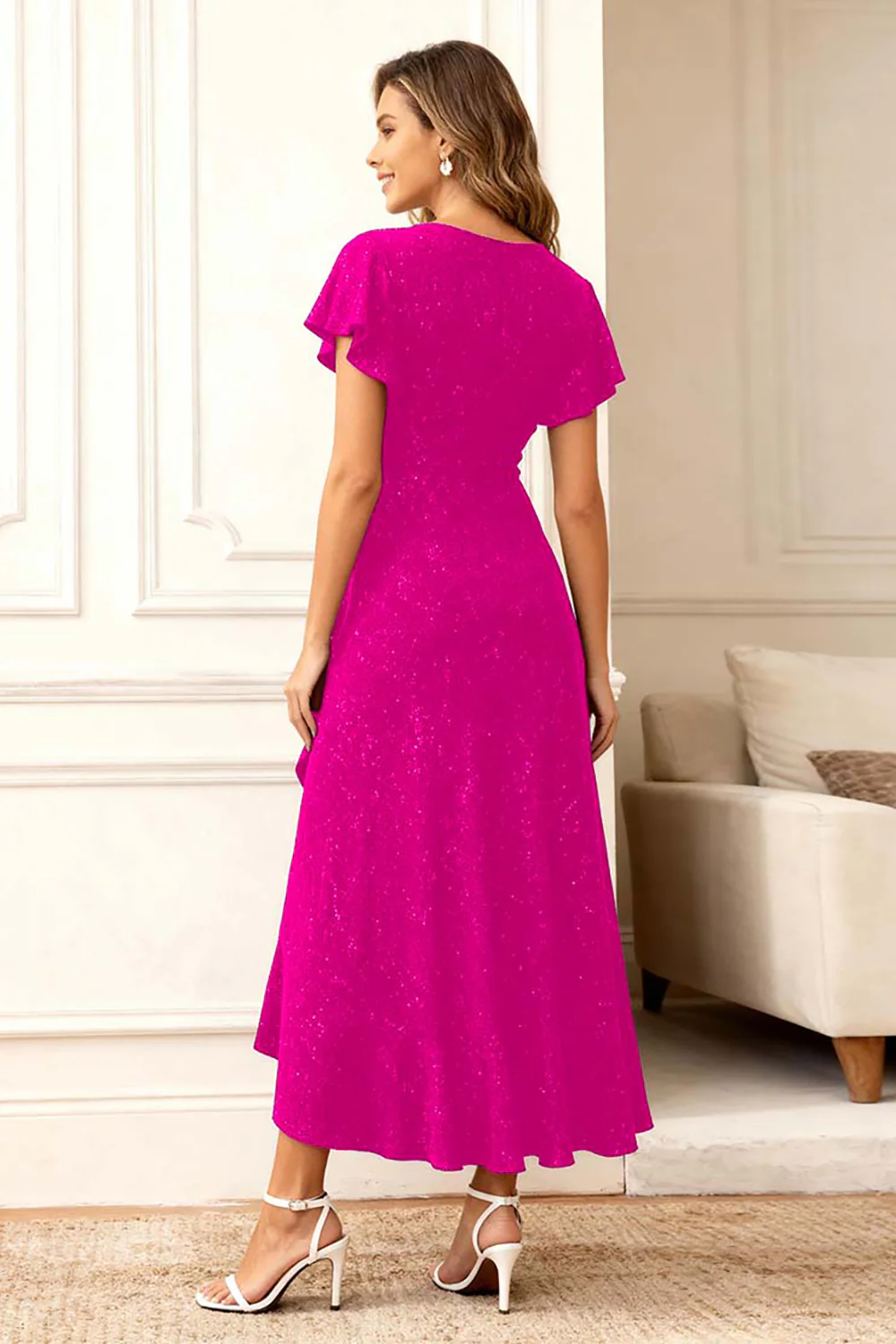 Black Round Neck Midi Glitter Holiday Party Dress with Sleeves - VNBITS