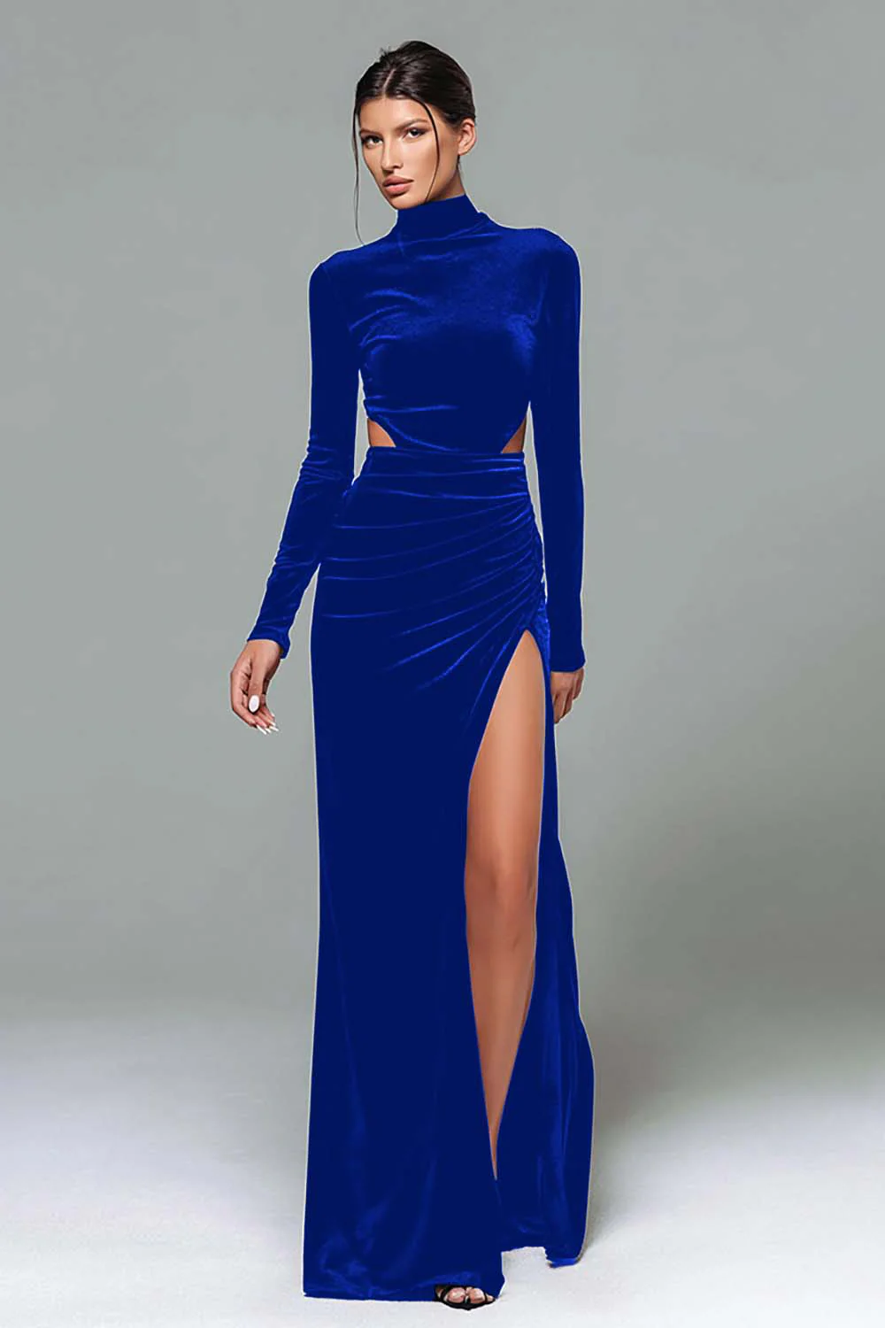 Black Velvet High Neck Sheath Long Sleeves Holiday Party Dress with Slit - VNBITS