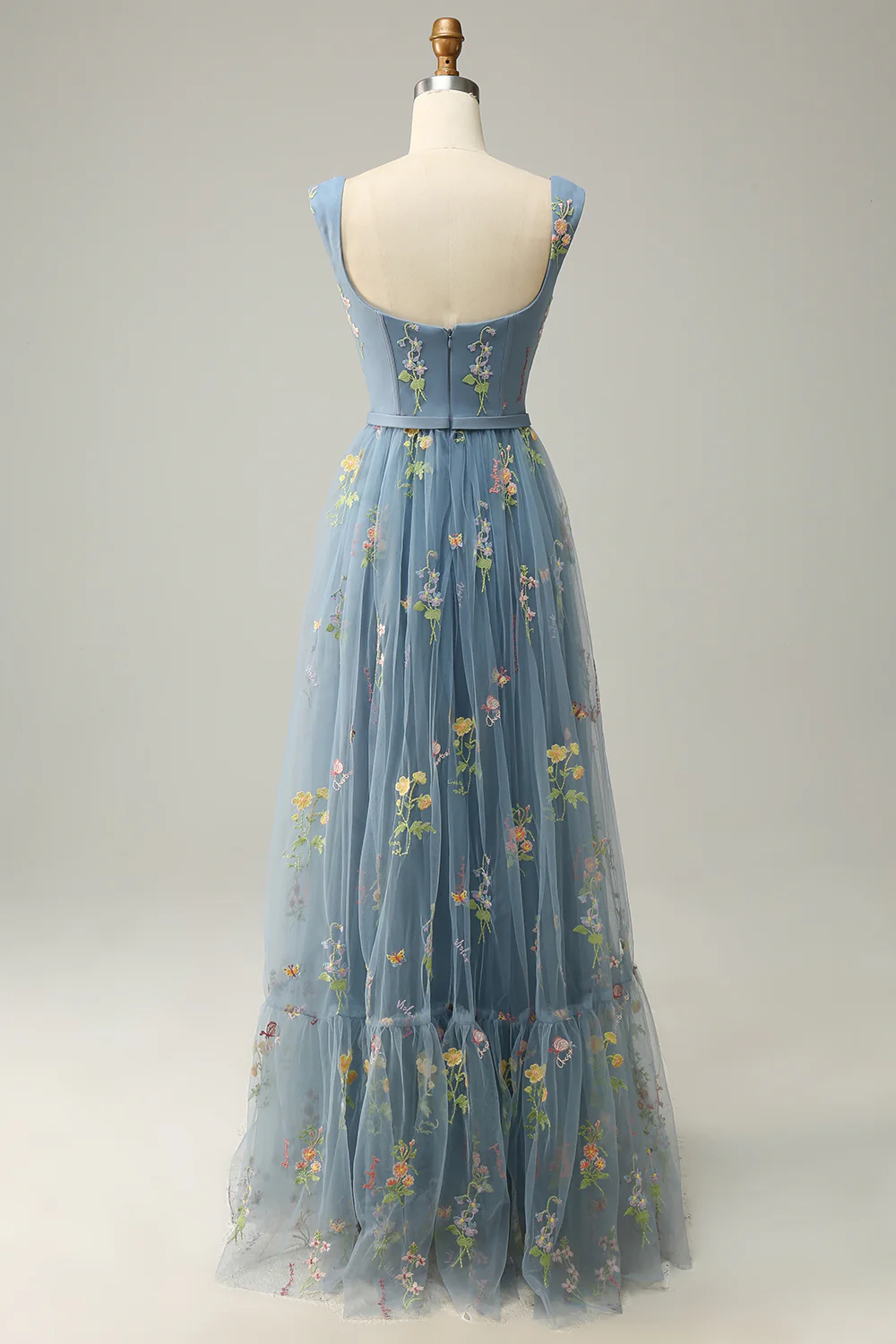 A Line Champagne Tulle Floral Prom Dress - VNBITS