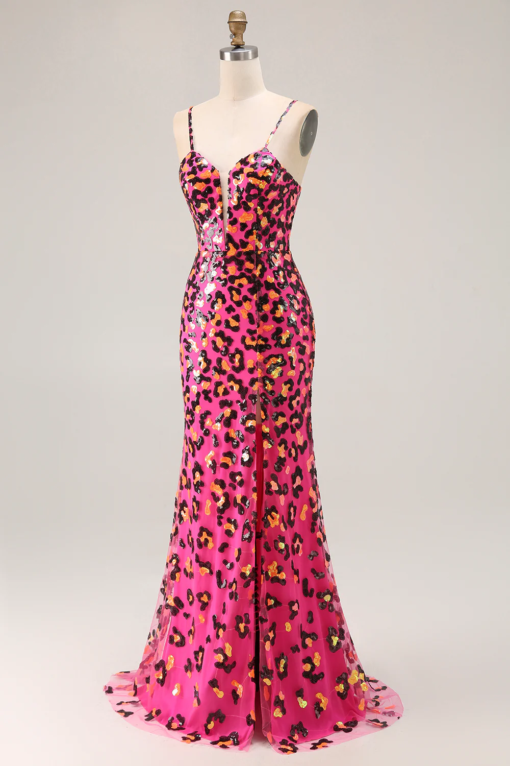 Sparkly Fuchsia Leopard Mermaid Long Prom Dress with Slit - VNBITS