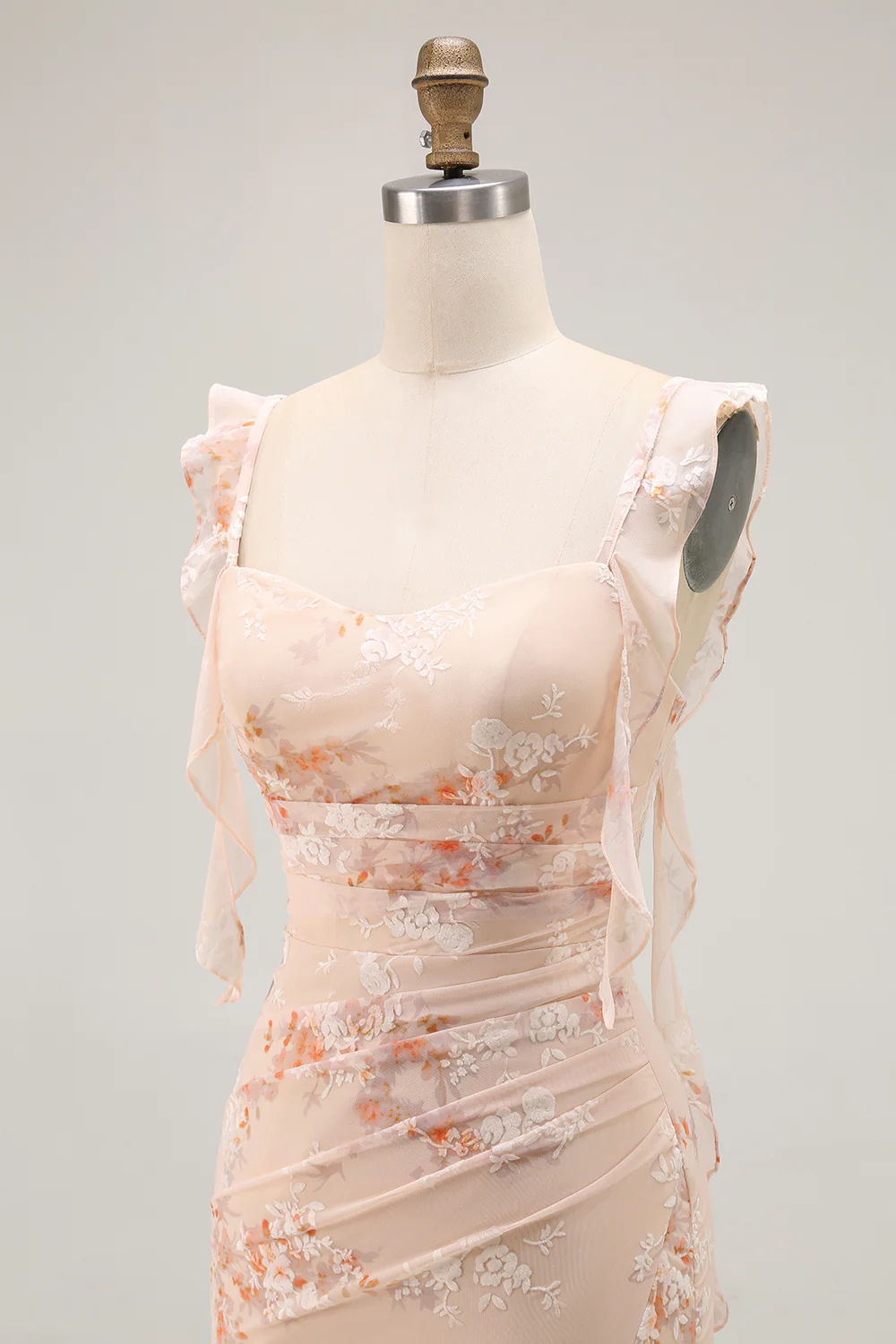 Champagne Mermaid Floral Long Bridesmaid Dress with Slit - VNBITS