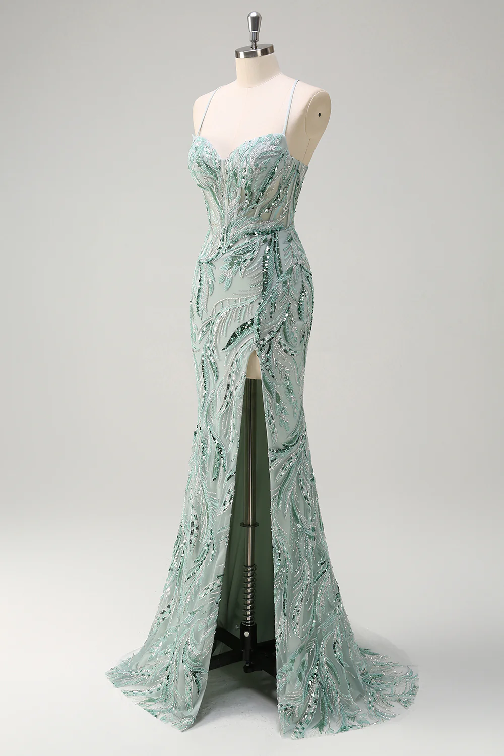 Sparkly Sage Mermaid Sequined Beaded Spaghetti Straps Long Prom Dress - VNBITS