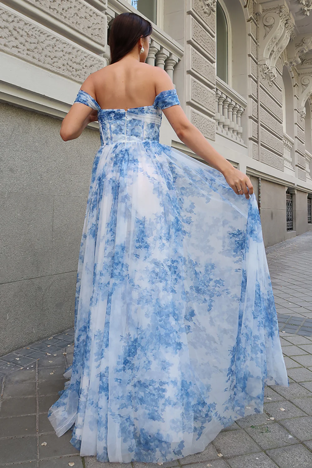 White Blue Flower Off The Shoulder Corset Long Bridesmaid Dress with Slit - VNBITS