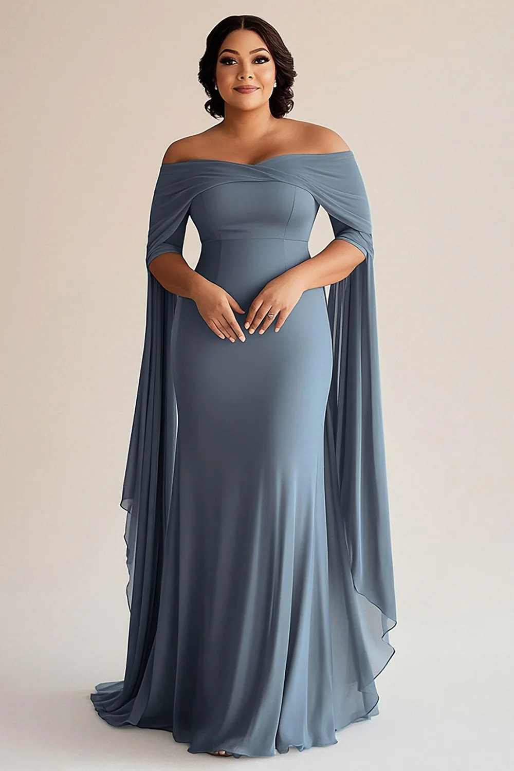 Grey Blue Off the Shoulder Chiffon Plus Size Long Mother of the Bride Dress - VNBITS