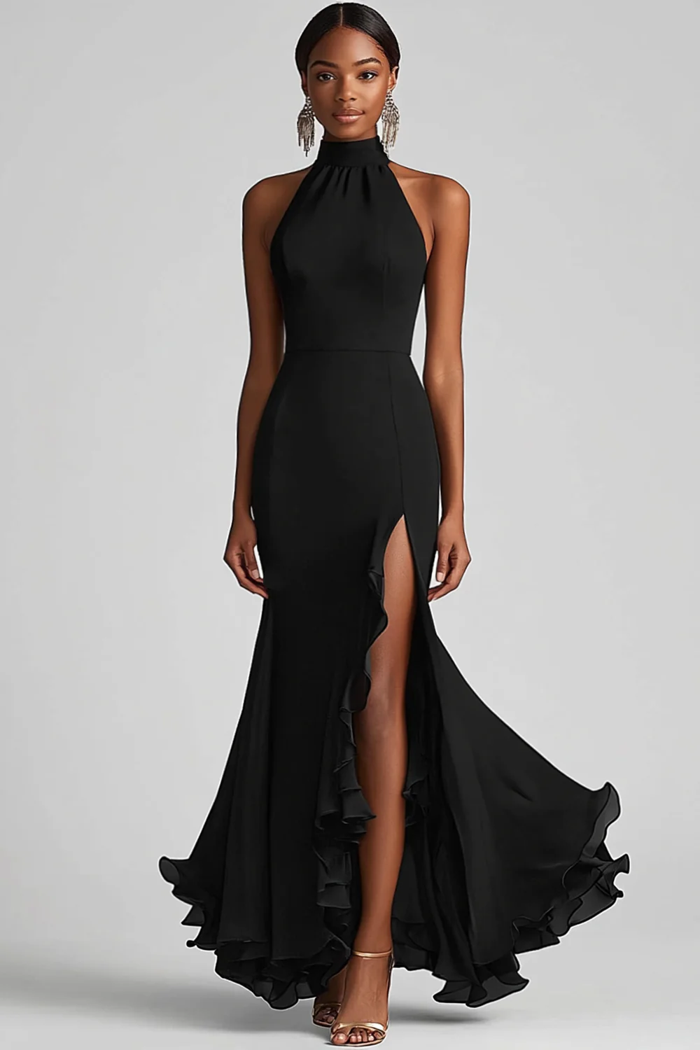 Halter Neck Black Ruffled Mermaid Long Formal Dress with Slit - VNBITS