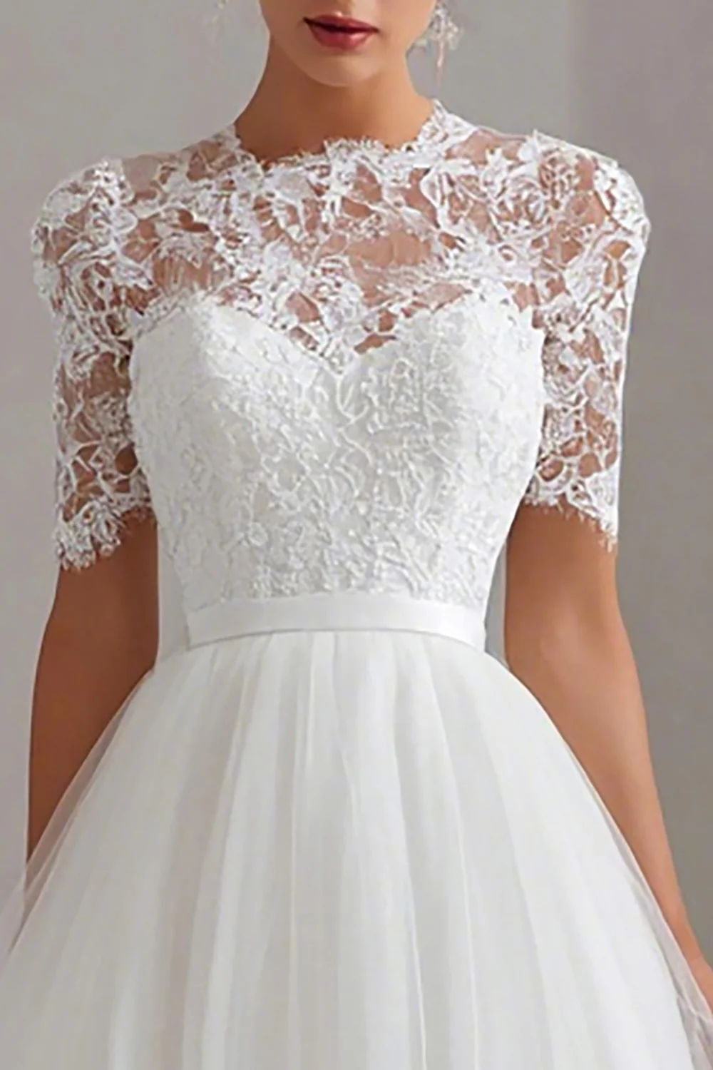 White A Line Tulle Short Sleeves Midi Engagement Dress with Lace - VNBITS