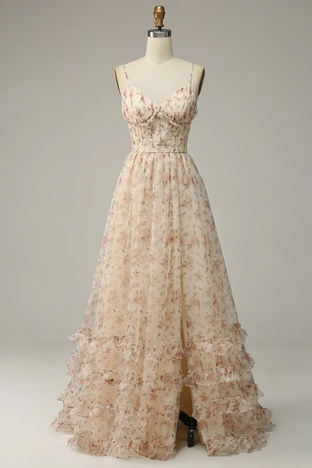 Apricot A Line Print Prom Dress with Slit - VNBITS