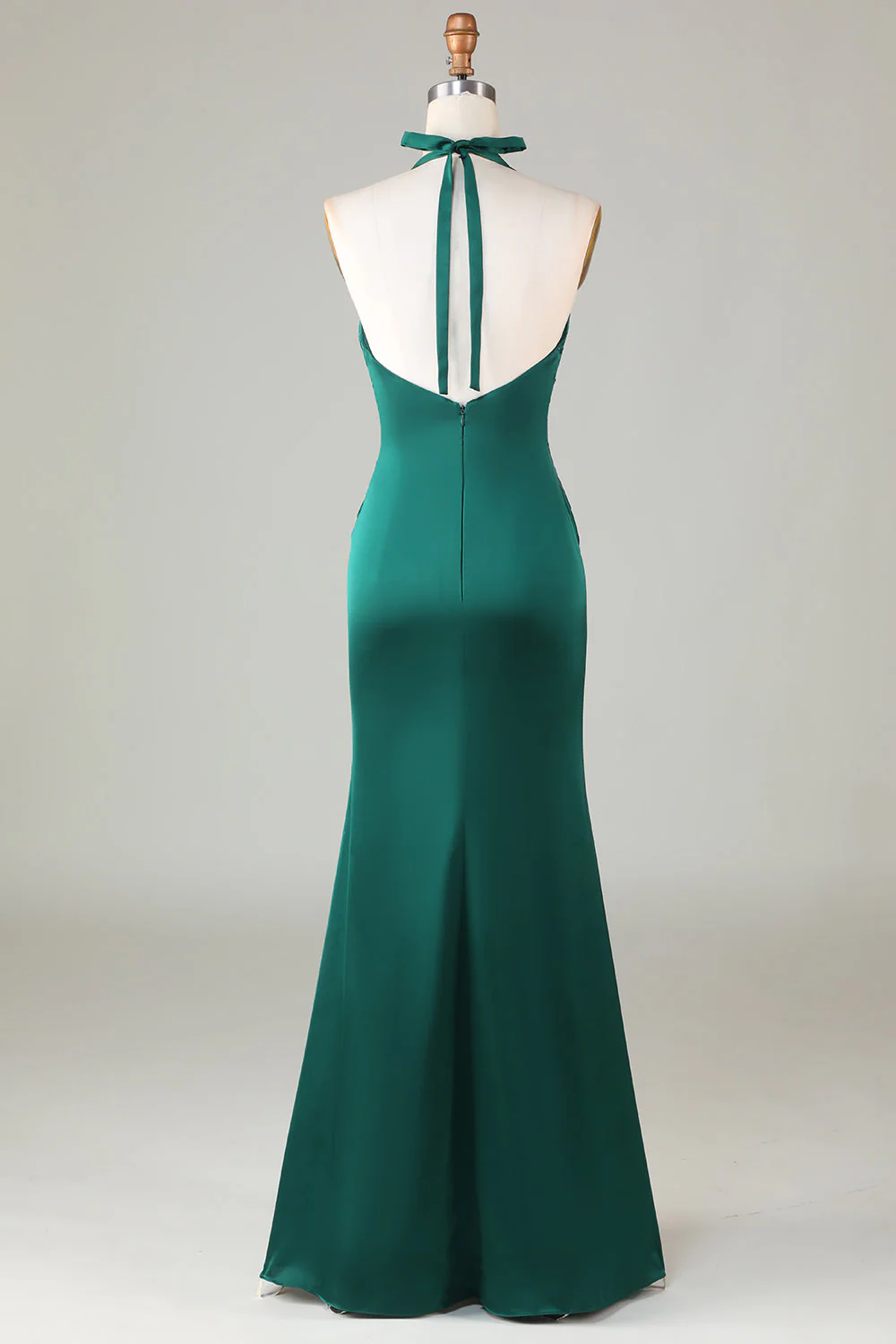 Mermaid Halter Dusty Blue Long Satin Bridesmaid Dress - VNBITS