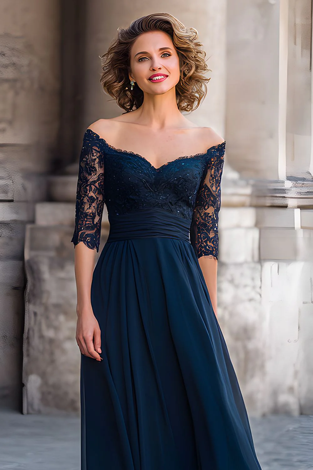 Navy Off the Shoulder Long Mother of the Bride Dress with Lace - VNBITS