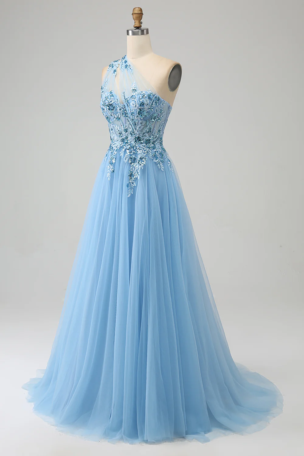 Light Blue A-Line One Shoulder Sequin Prom Dress with Appliques - VNBITS