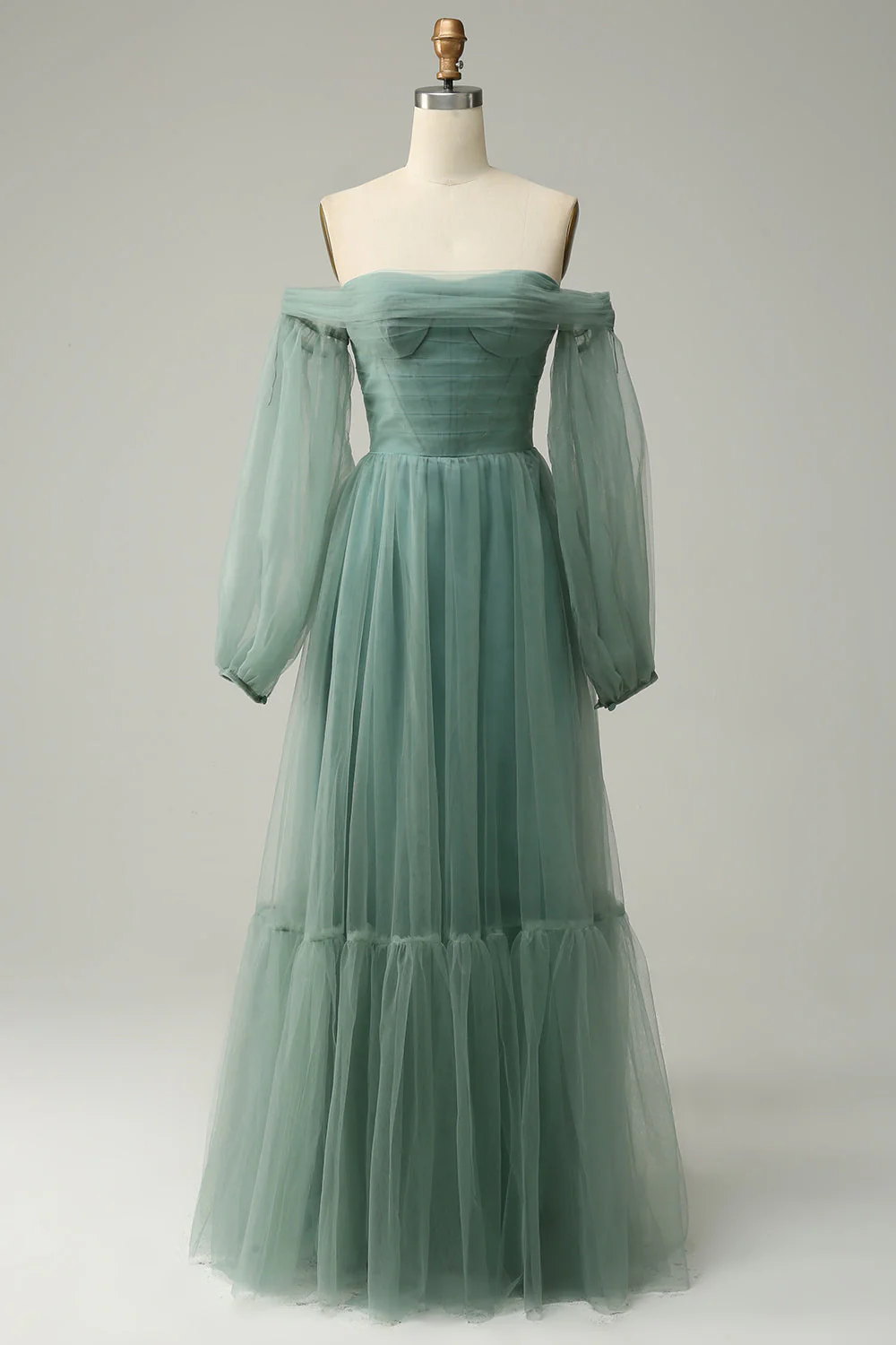 Off The Shoulder Grey Green A-Line Tull Prom Dress With Long Sleeves - VNBITS