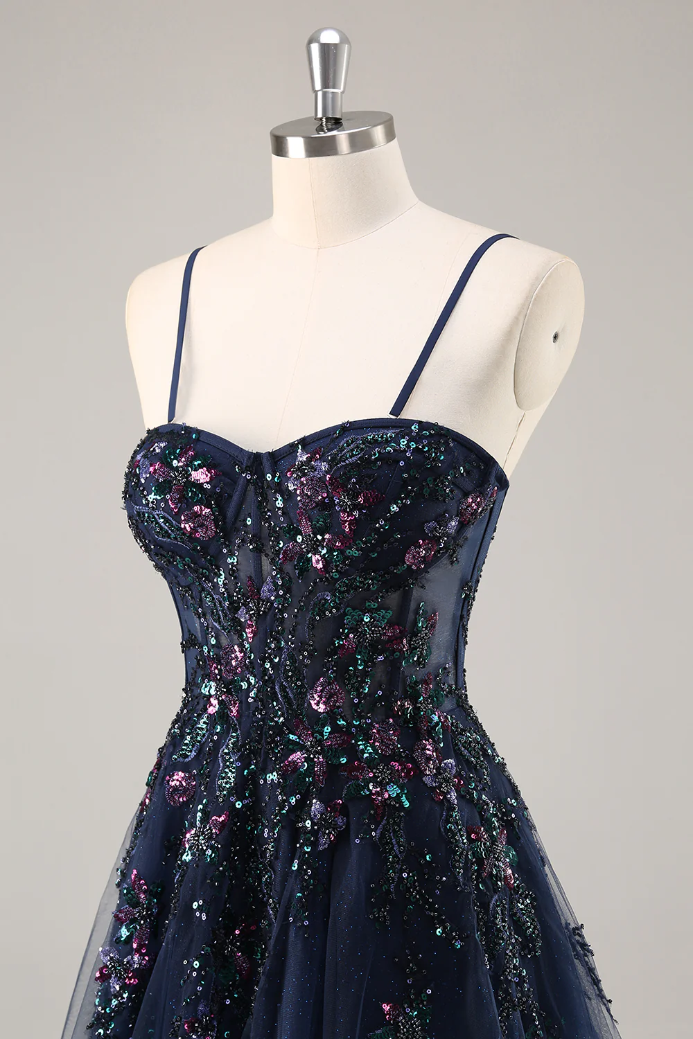 Sparkly Navy Corset Sweetheart Long Prom Dress with Appliques - VNBITS