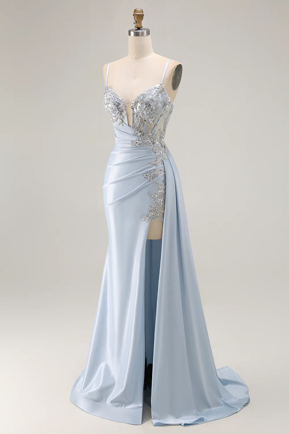 Sparkly Light Blue Mermaid Corset Ruched Long Prom Dress with Slit - VNBITS
