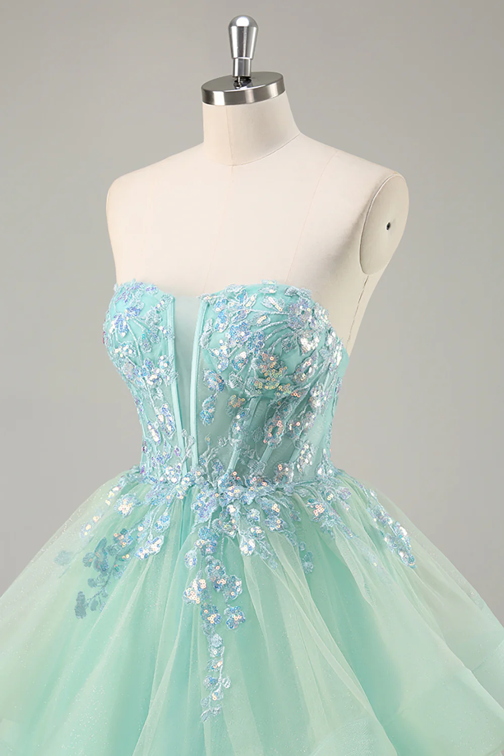 Sparkly Green Corset Strapless Long Prom Dress with Ruffles - VNBITS